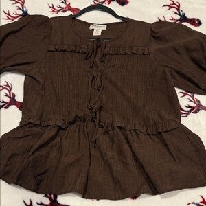 Laura Ashley Dark Brown Blouse with Ruffle Accents